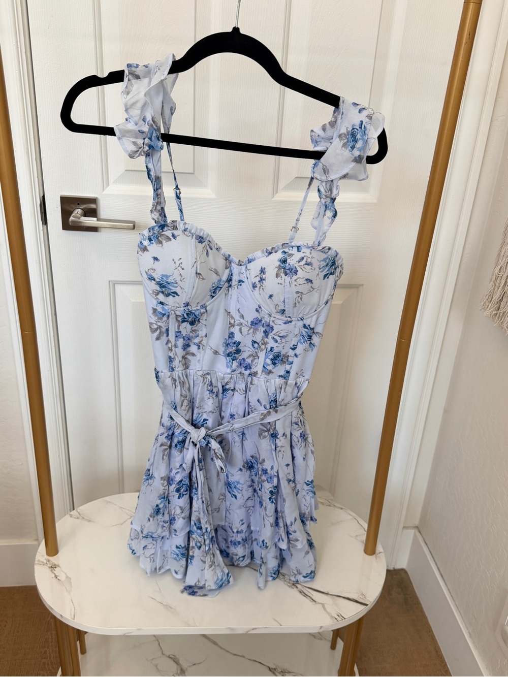 Altar’d State Blue Floral Ruffle Strap Romper - Women Intimates & Sleepwear